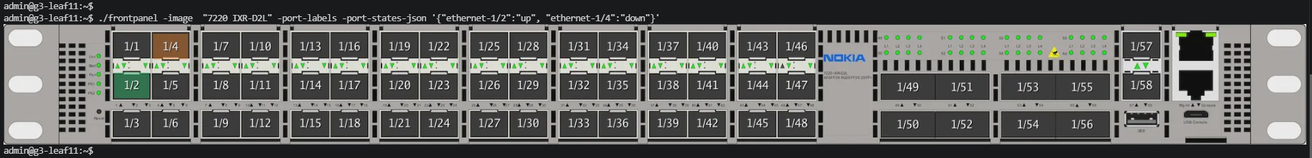 Front panel showing ports up and down